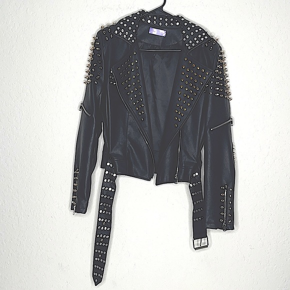 Black FAUX VEGAN Leather Studded Jacket - Picture 4 of 8